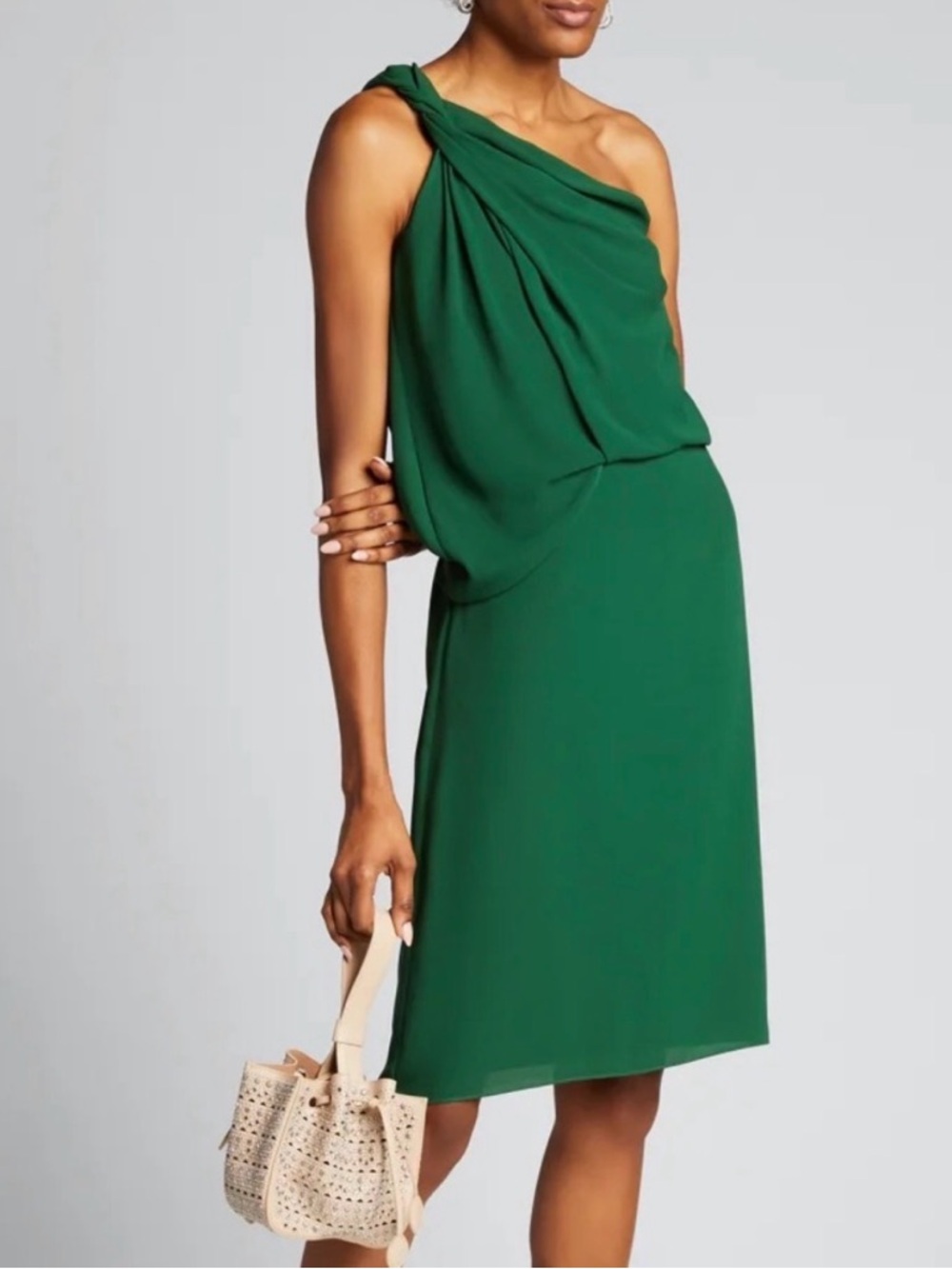 Halston Heritage Emerald Braided Strap One-Shoulder Silky Georgette Dress - NWT